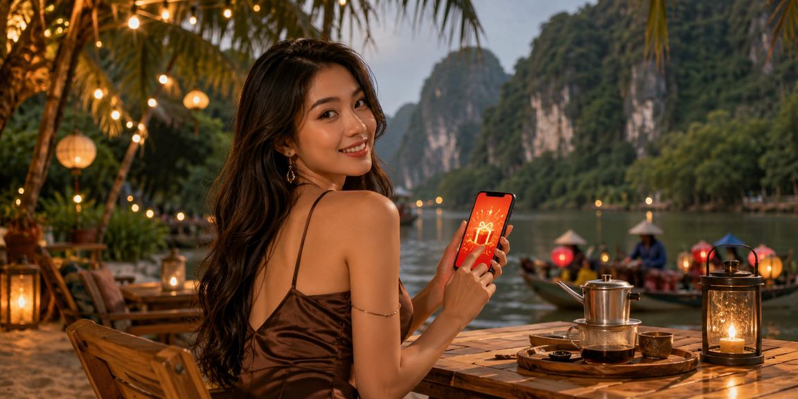 Phong bì đỏ may mắn biểu tượng tiền thưởng khuyến mãi tại Ninh Bình trong không khí cà phê Việt Nam